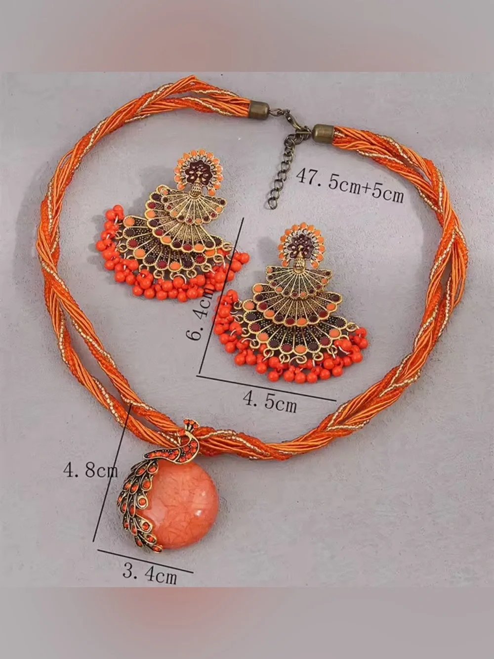 Orange Bead tassels peacock earrings + jade Pendant Necklace multi layer corded